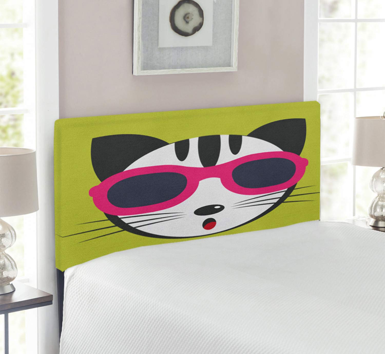 Ambesonne Modern Cat Headboard - Twin Size Upholstered Metal Bed Frame with Memory Foam | Fun Kitten in Pink Sunglasses Hipster Pet Art | Cool Animal-Themed Bedroom Decor for Kids & Teens Rooms
