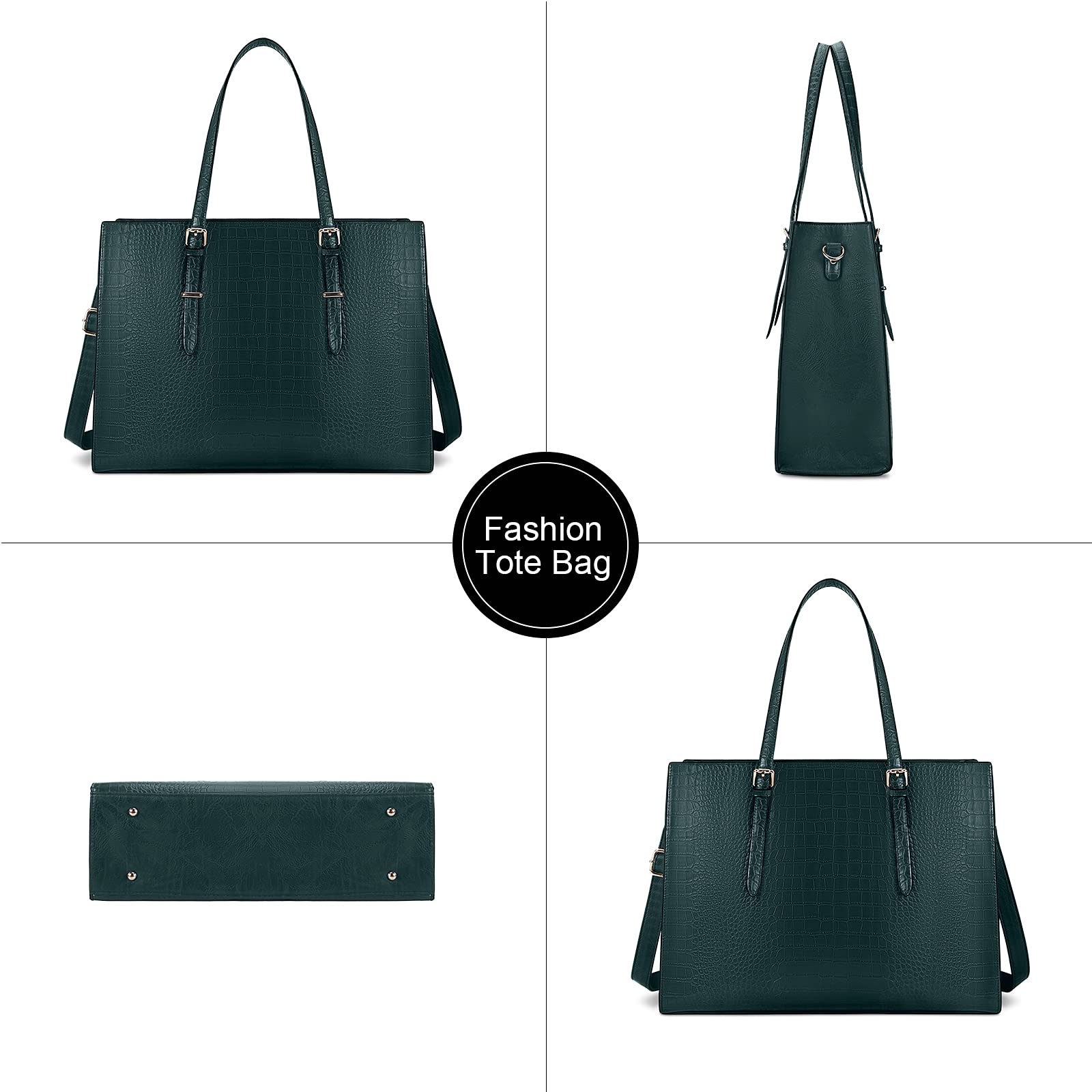 15.6 Inch Leather Laptop Tote Bag for Women - Waterproof Professional Business Office Shoulder Bag, Dark Green, Large Capacity, Ideal for Work, Travel, and Daily Commute