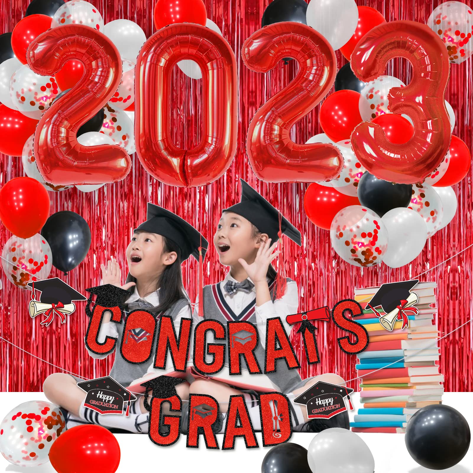2023 Graduation Decorations Set - Red & Black Congrats Grad Banner, College Party Supplies for Class of 2023 | Perfect for Graduation Ceremony Decor, Graduation Party Backdrop & Photo Booth Props
