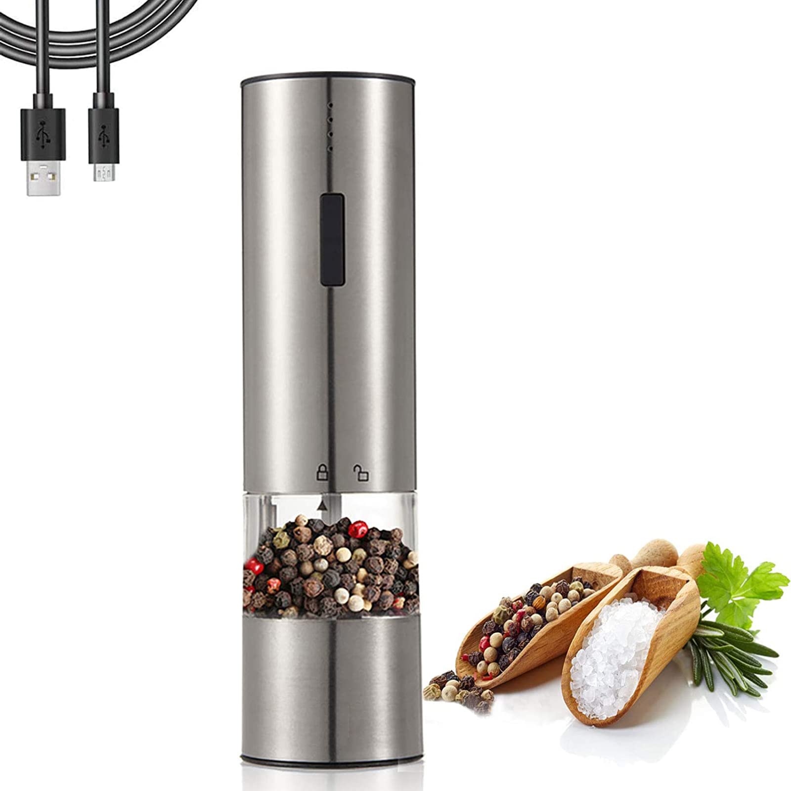 Rechargeable Electric Salt and Pepper Grinder Set - USB Powered Stainless Steel Pepper Mill with LED Light & One-Hand Push Button - Perfect for Kitchen, Camping, and Dining Table Seasoning