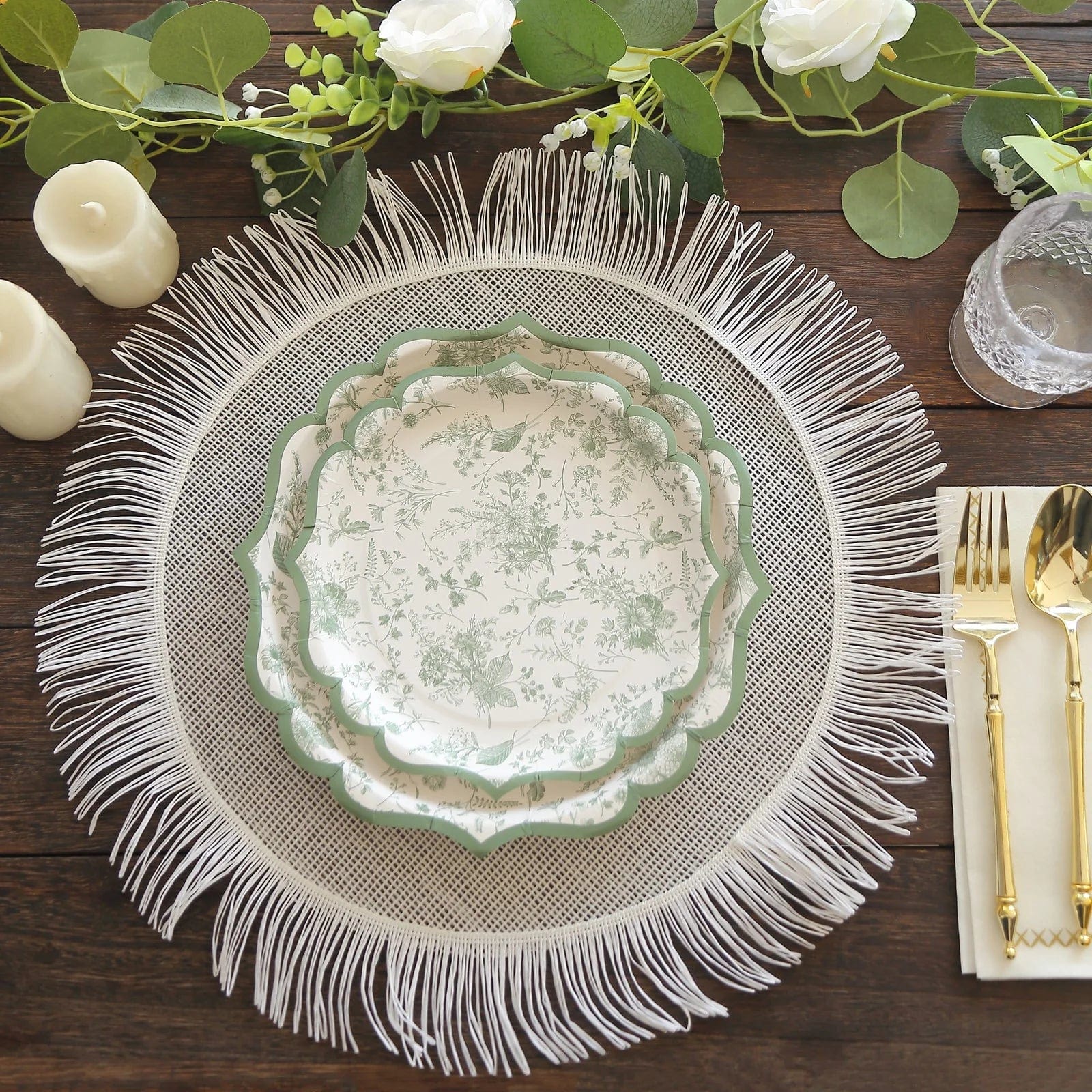 25-Pack White and Sage Green Floral Leaf Print Paper Plates with Scalloped Rim - Elegant Disposable Tableware for Weddings, Baby Showers & Garden Parties