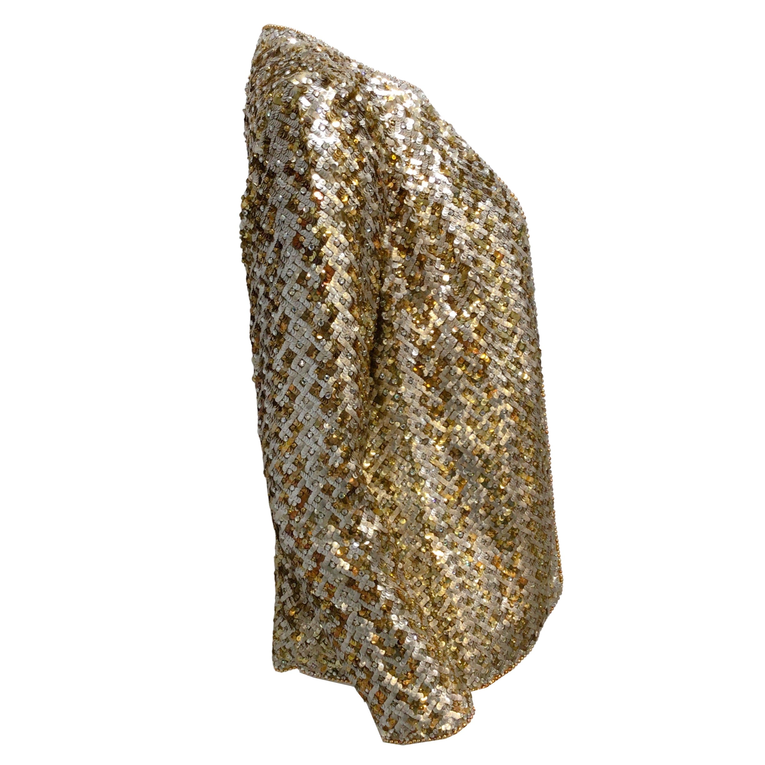 Vintage Christian Dior Gold & Silver Metallic Sequined Beaded Open Front Jacket - Perfect for Evening Parties, Weddings & Special Occasions