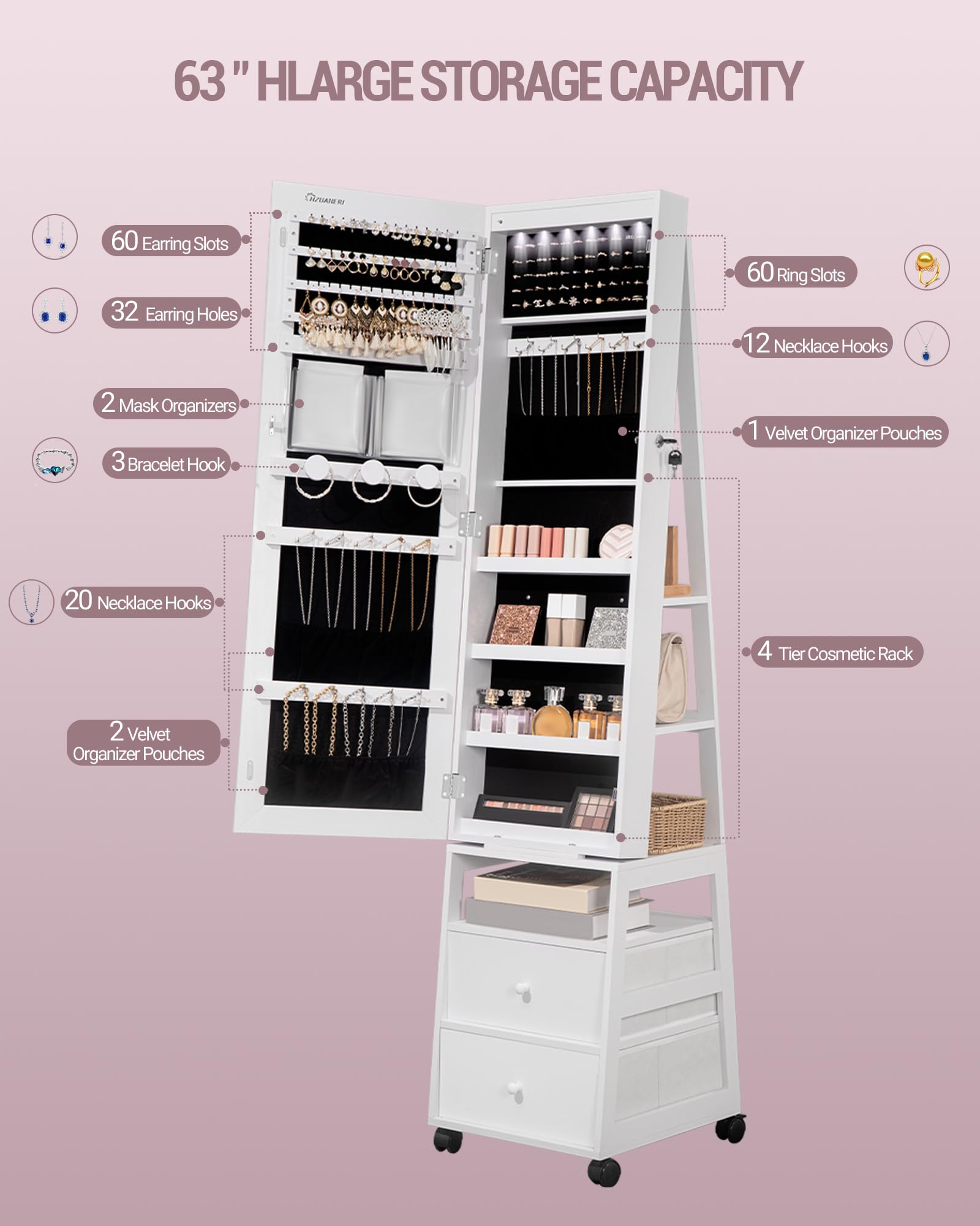 Lockable Jewelry Organizer Mirror Cabinet with Lights & Wheels - 360° Swivel, 2 Drawers for Women's Jewelry Storage - Bedroom/Bathroom Use