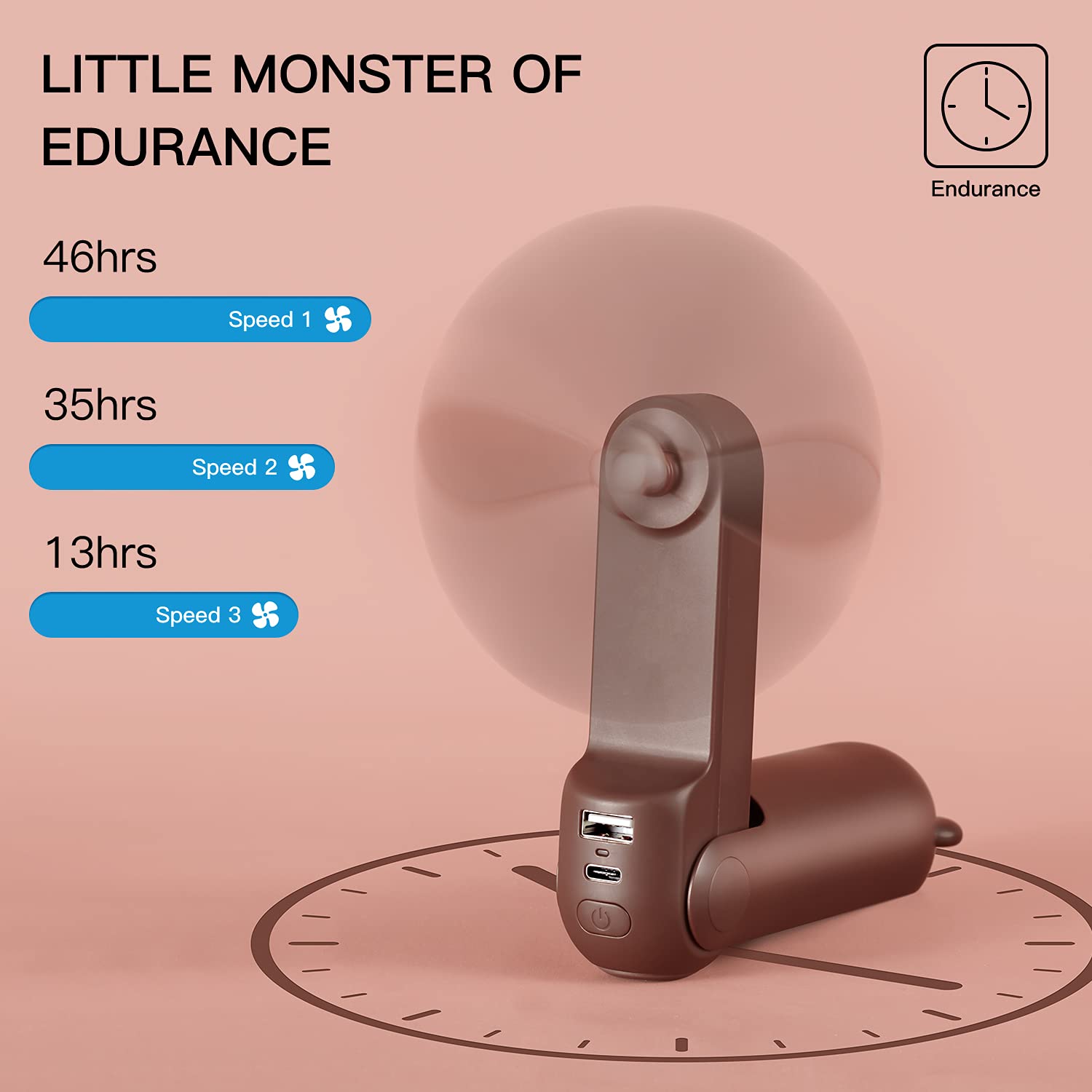 JISULIFE Portable Handheld Fan with 4500mAh Power Bank | 13-46 Hours Runtime | 3-Speed Rechargeable Folding Mini Fan | Enhanced Airflow & Quiet Operation | Perfect for Home, Office, Travel, Camping & Outdoor Activities - Brown