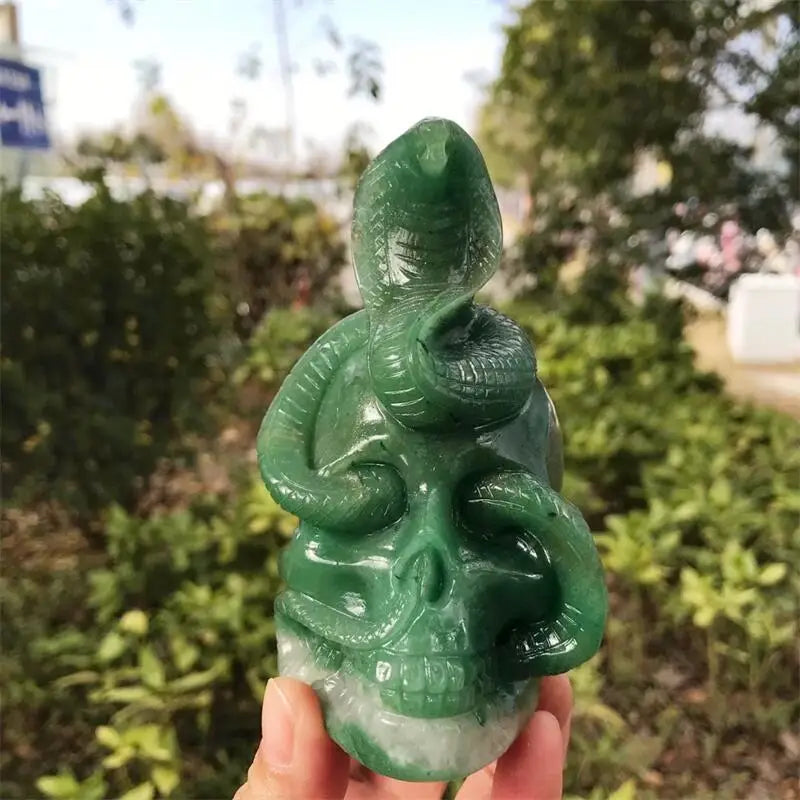 11CM Natural Green Aventurine Snake Skull Carving - Healing Crystal, Lucky Stone for Home Decor, Halloween Party & Spiritual Gifts | Feng Shui, Meditation & Positive Energy Enhancer