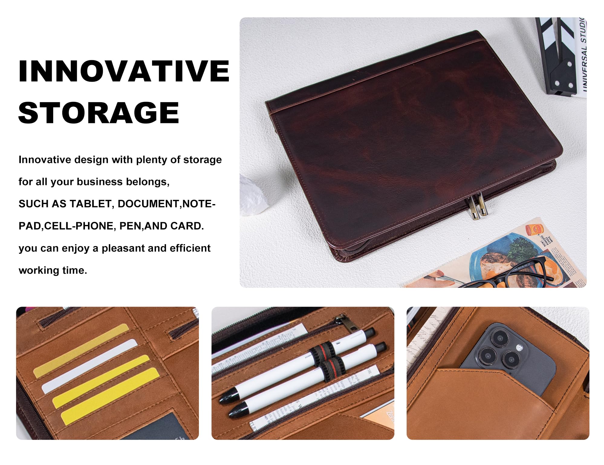 Premium Leather Business Portfolio - Professional Zippered Folio Folder for Resume & Legal Pad | A4 Notebook Organizer | Oil Wax Finish | Ideal Office Gift for Men & Business Professionals | Perfect for Job Interviews, Client Meetings & Corporate Events
