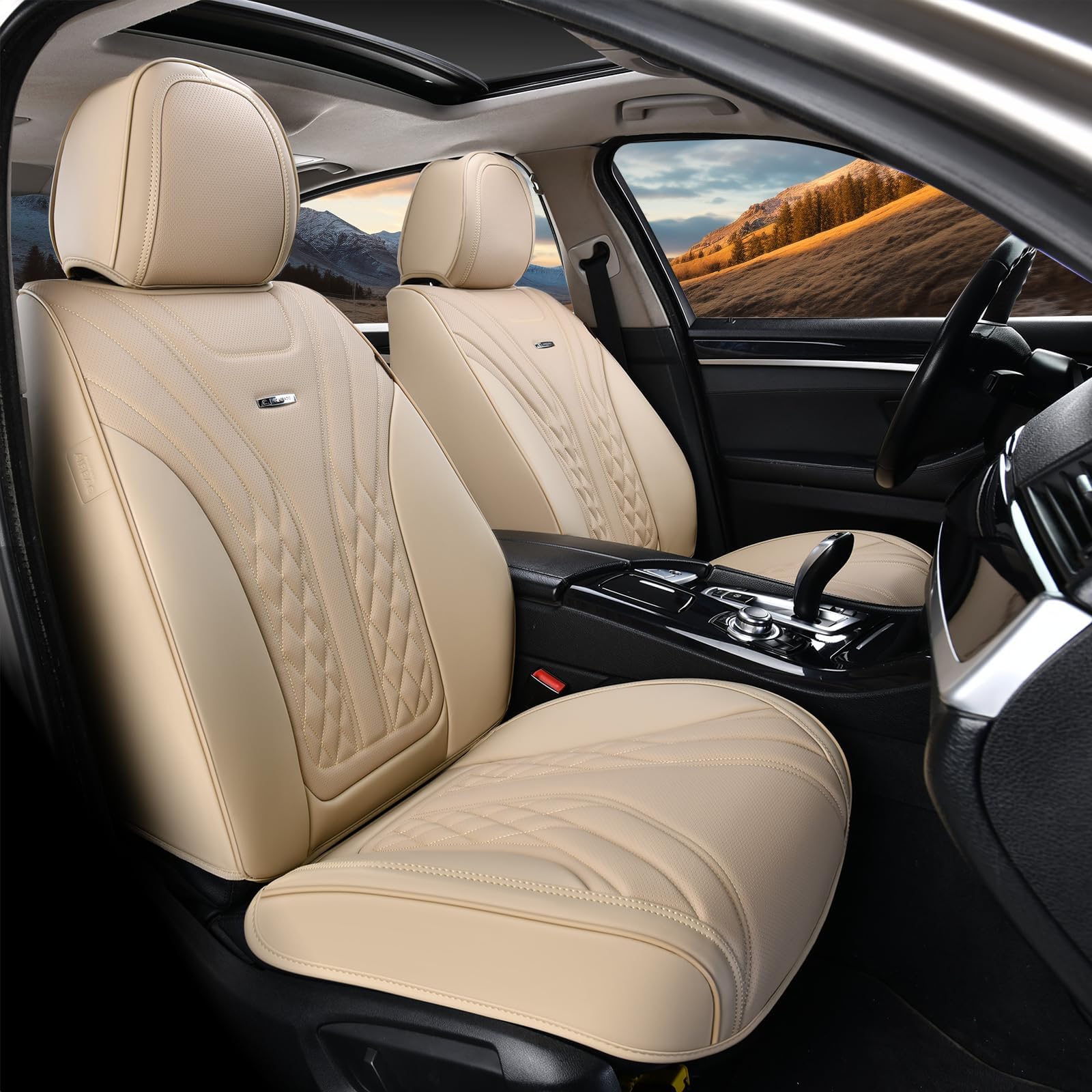 Premium Nappa Leather Waterproof Car Seat Covers (2-Pack) - Universal Fit for Most Vehicles, Front Seat Protectors for Cars, SUVs & Trucks - Beige - Perfect for Daily Commute, Road Trips & Pet Protection