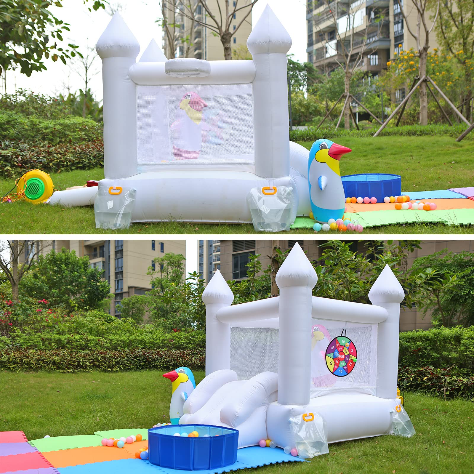 White Bounce House with Blower - 6ft x 5ft Inflatable Bouncy Castle for Kids, Family Backyard Fun, Birthday Parties, Weddings & Outdoor Events - Perfect Gift for Children (6ftL×5ftW×5ftH) - Great for Backyards, Parks, School Carnivals & Summer Gatherings