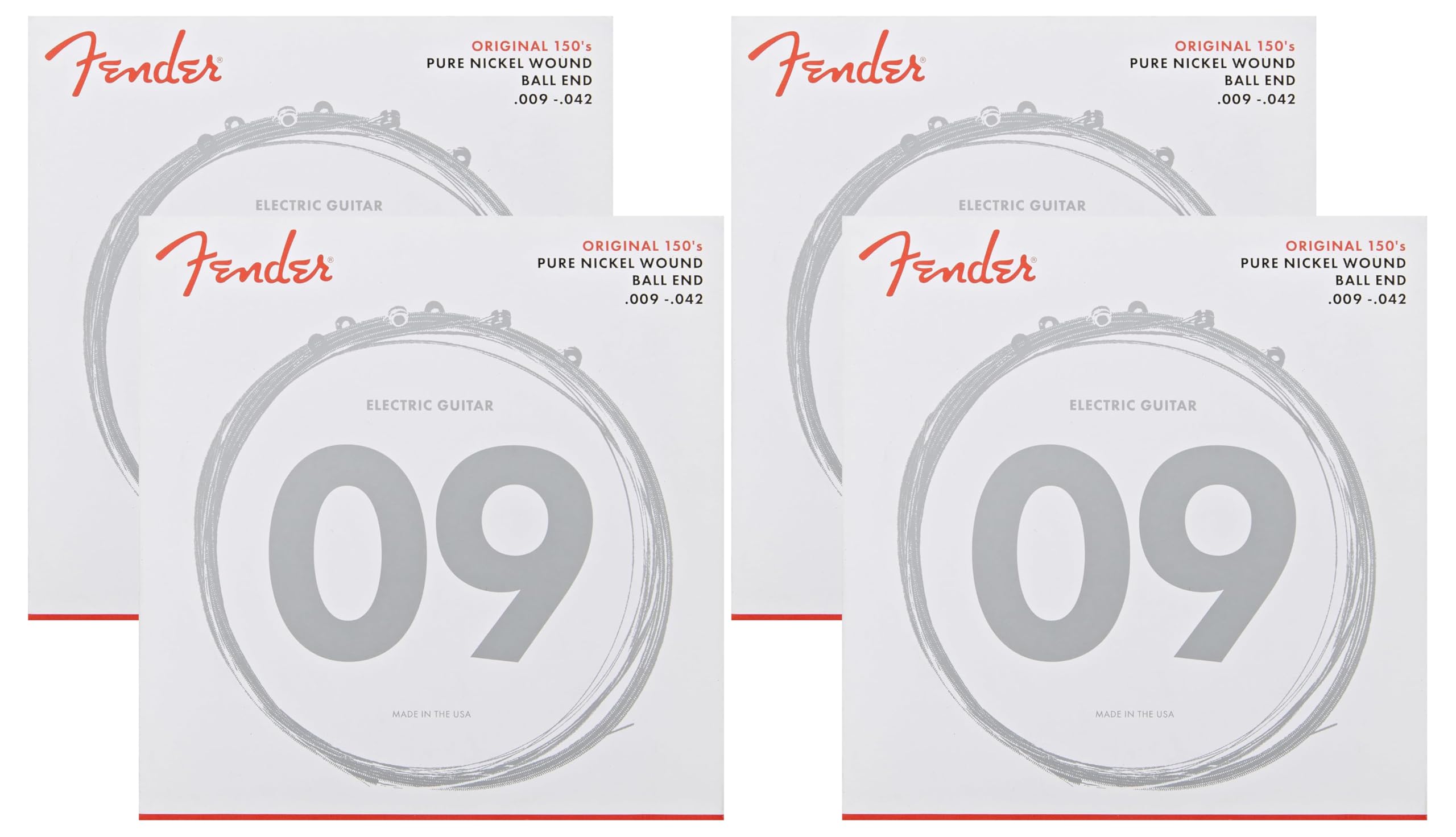 Fender Original 150 Electric Guitar Strings - Pure Nickel Wound, Ball End, 150L .009-.042 Gauge (4-Pack) | Perfect for Rock, Blues & Studio Recording