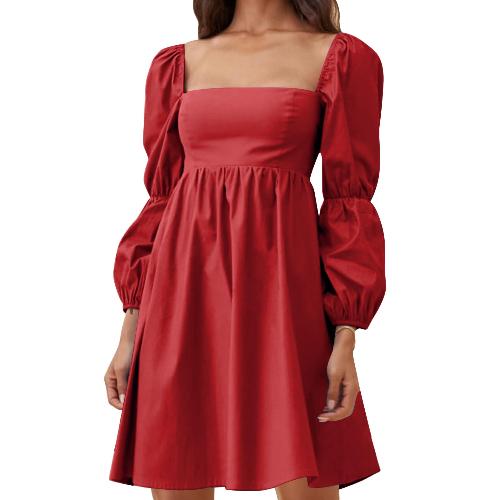 EXLURA Women's 2025 Square Neck Long Puff Sleeve A-Line Mini Dress - Casual Summer Short Dress for Beach, Party & Date Night