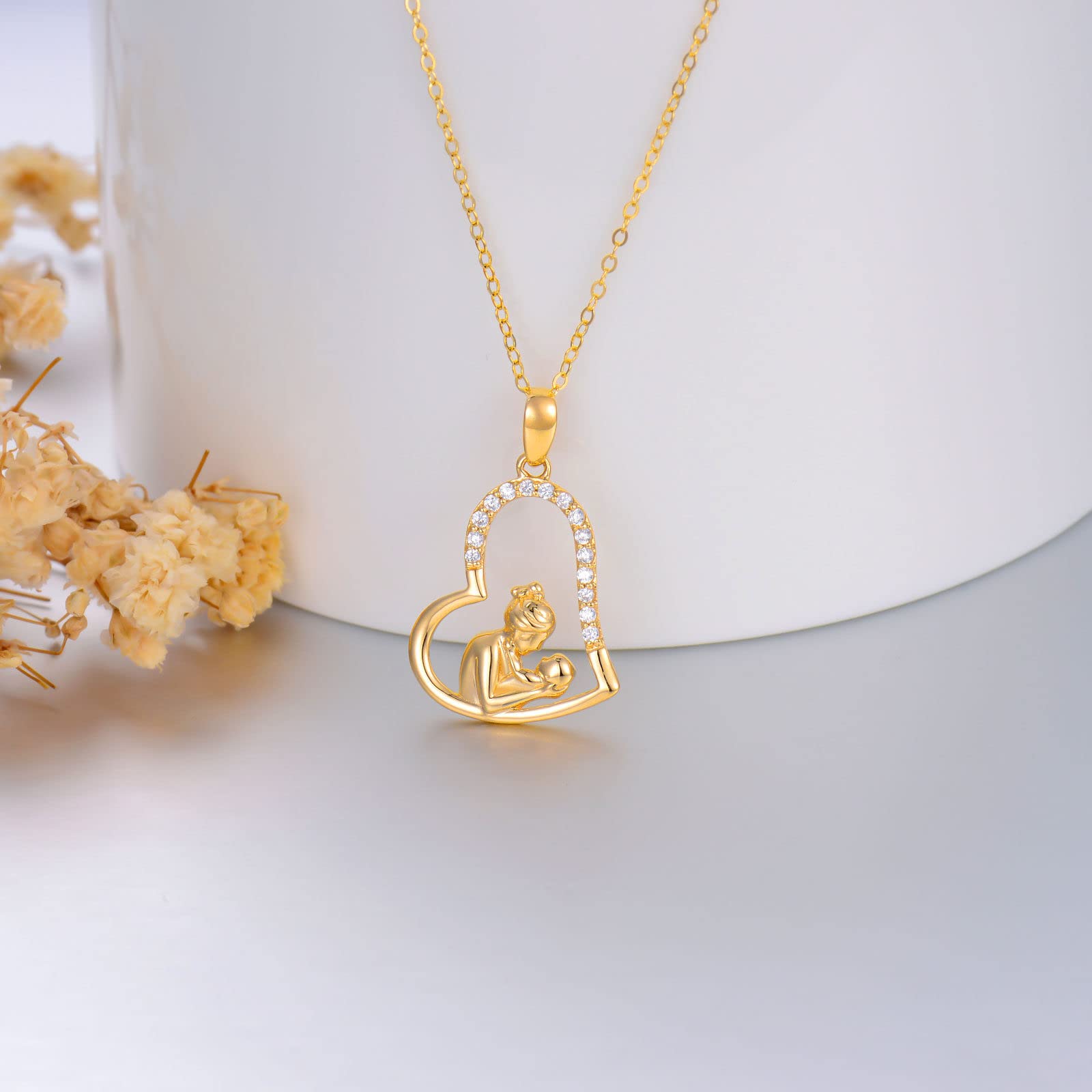 14K Solid Gold Mom Necklace for Women - Heart Pendant Mother Daughter Jewelry Gift for Mother's Day, Birthday & Anniversary | Elegant Everyday Wear & Special Occasion Gift