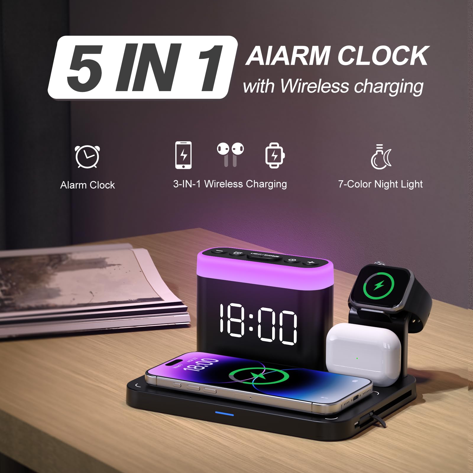 ANJANK 3-in-1 Wireless Charging Station with Alarm Clock, 7-Color Night Light & MagSafe Charger for iPhone 16/15/14/13/12/11 Pro Max Plus, Apple Watch 10/9/8/7/Ultra/SE & AirPods - Perfect for Bedside, Office & Travel Charging