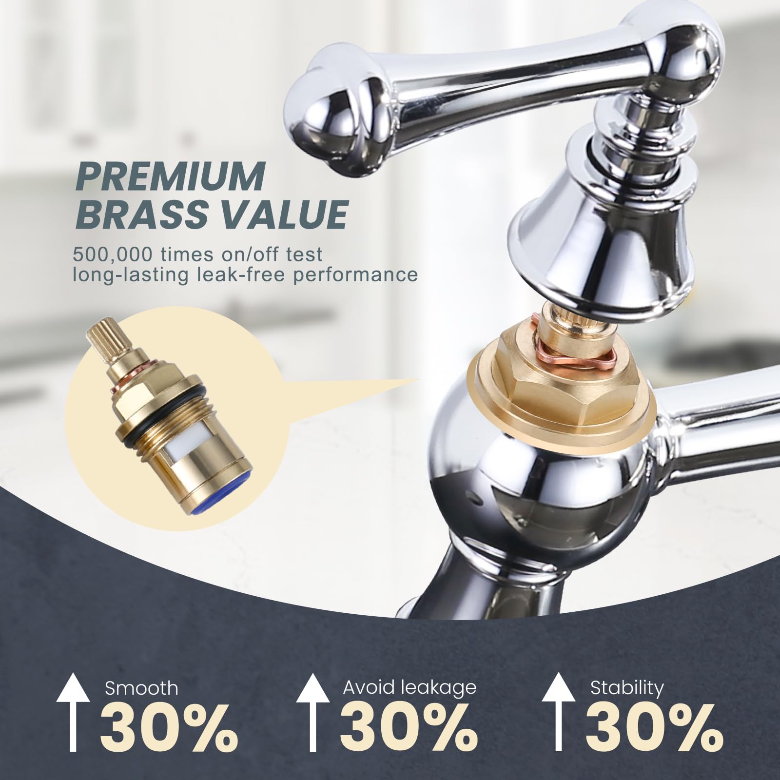 WOWOW 4-Hole Centerset Kitchen Faucet with Pull-Out Sprayer - 8 Inch Brass Bridge Faucet with 2 Handles - Vintage Farmhouse Chrome Sink Faucet for Modern & Rustic Kitchens