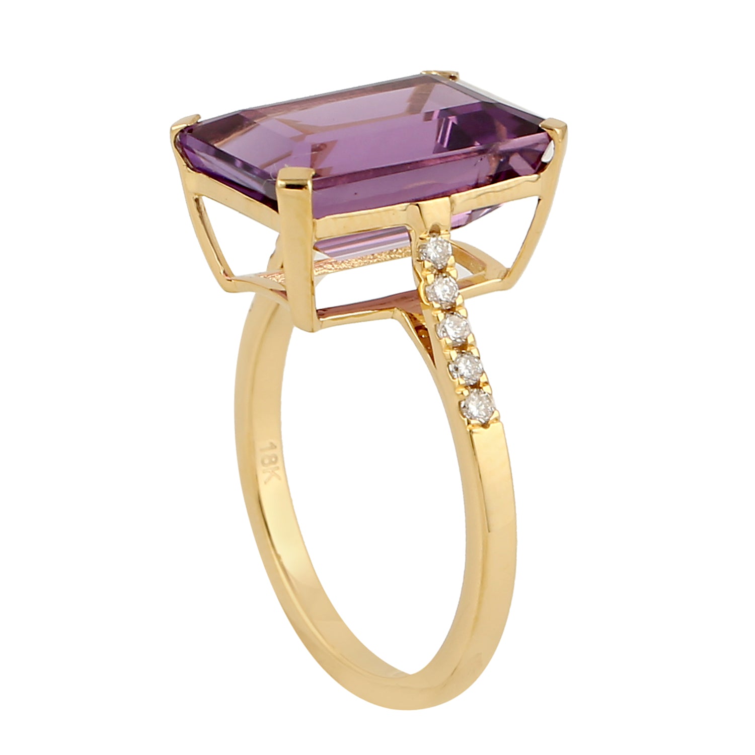 Emerald Cut Amethyst Solitaire Ring with Diamond Accents in 18K Yellow Gold | Elegant Engagement, Anniversary & Special Occasion Jewelry Gift