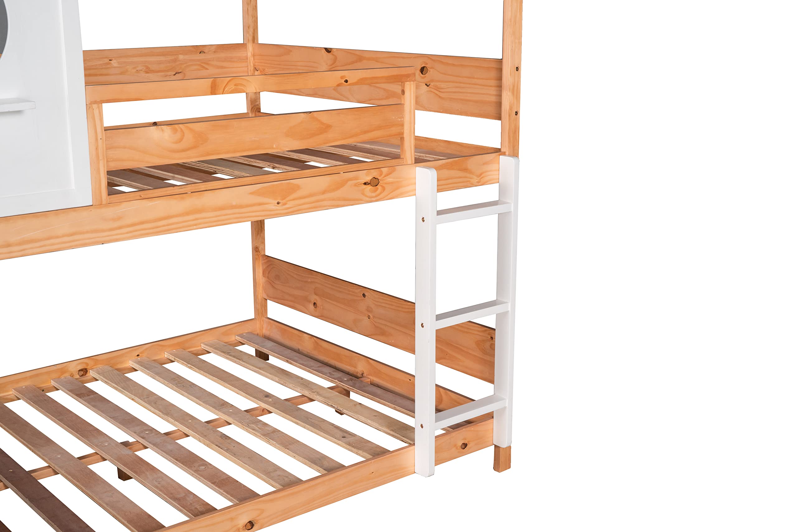 Full Over Full Size Solid Wood Bunk Bed with Window/Roof Design, Built-in Little Shelf & Full-Length Guardrail - Low Profile Frame, No Box Spring Needed - Perfect for Kids' Bedrooms, Guest Rooms & Small Spaces