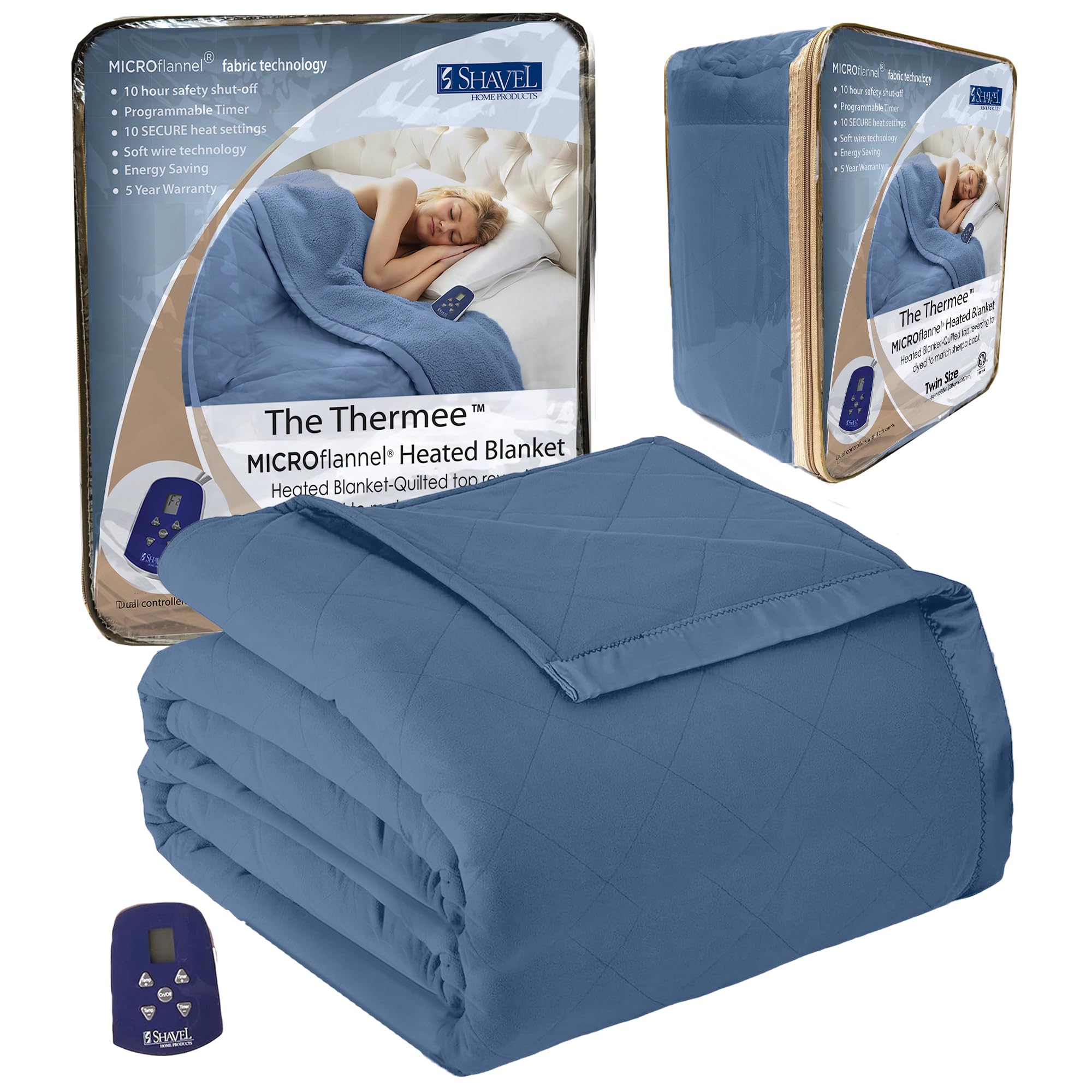 Thermee Micro Flannel Heated Blanket Twin Size - 10 Heat Settings, Programmable Electric Warming Blanket, Ultra Soft & Fast Heating Throw for Bed, Couch & Office - Machine Washable - Ultramarine Blue