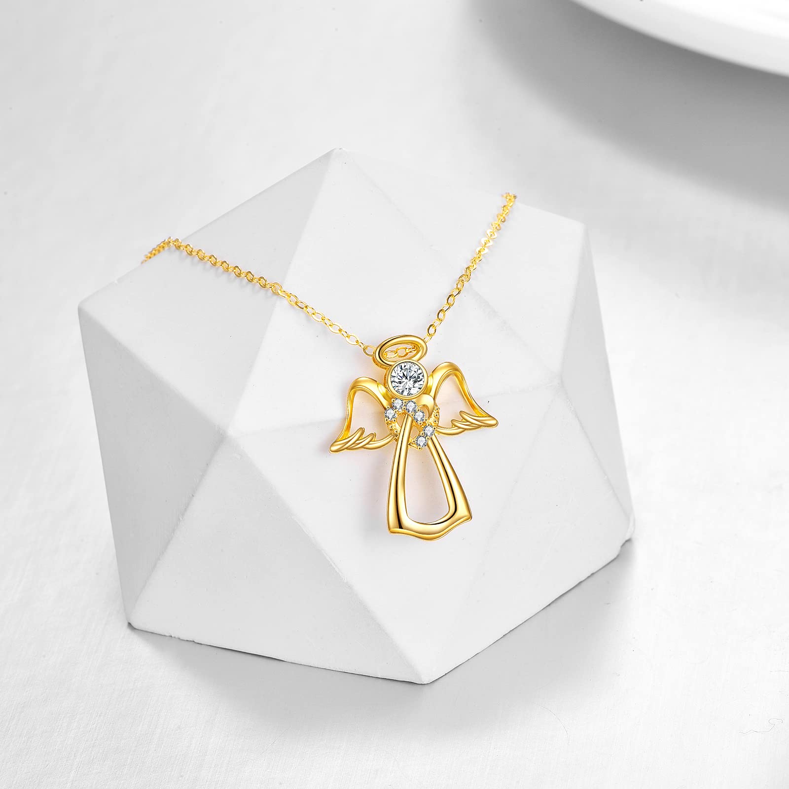 14K/18K Yellow Gold Guardian Angel Necklace with Heart Crystal & Angel Wings Pendant - Elegant Gift for Women, Girls, Wife, Daughter, Girlfriend - Perfect for Birthdays, Anniversaries, Christmas & Special Occasions