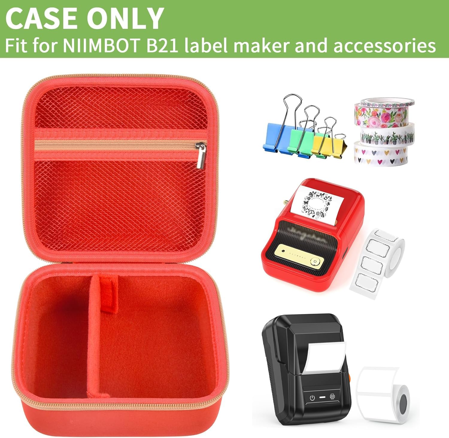 ALKOO Compatible Case for NIIMBOT B21 & B1 Wireless Thermal Label Printer - Protective Holder for Inkless Label Maker & Labeling Tape Refills with Mesh Pocket (Red) - Perfect for Office, Warehouse & Home Organization