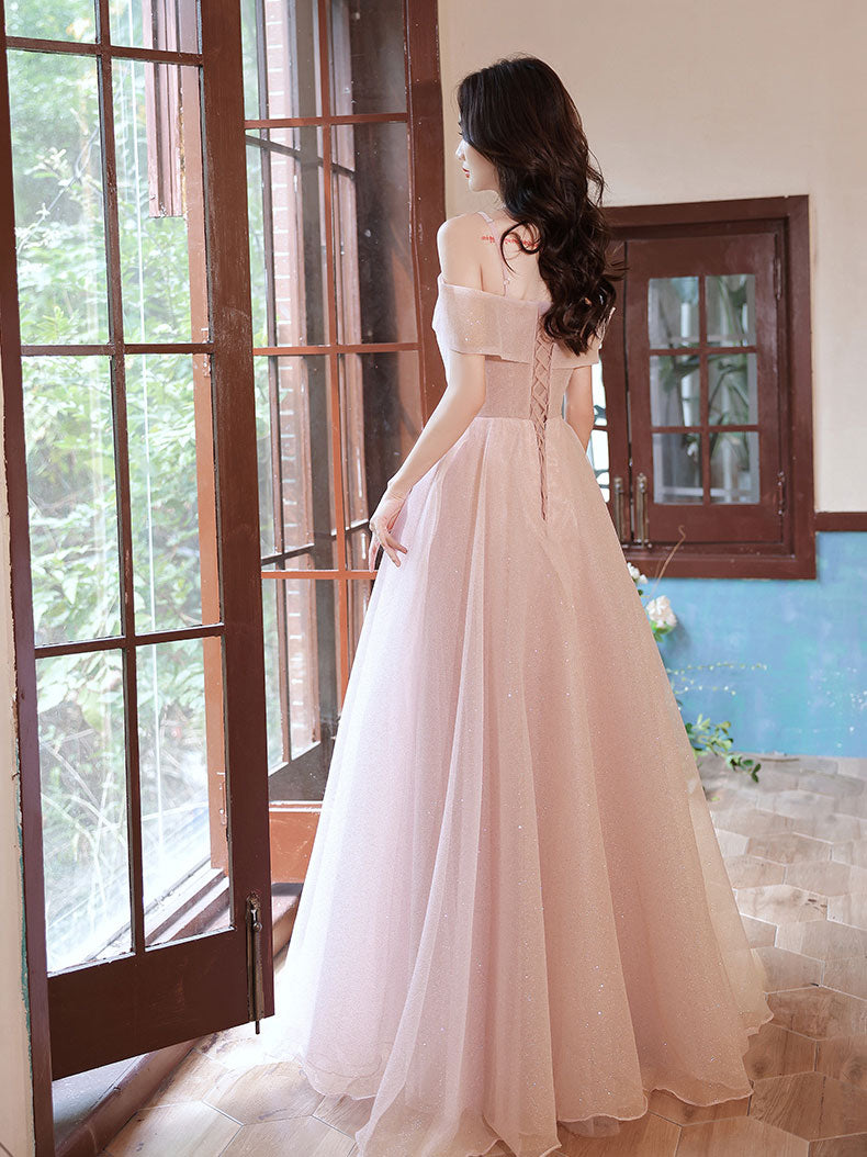 Elegant Pink Tulle Off Shoulder Lace Long Prom Dress for Women - Romantic Evening Gown for Homecoming, Wedding, Party & Special Occasions