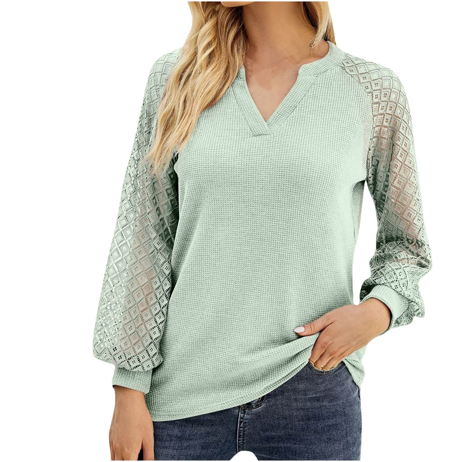 Women's Trendy Casual Loose Waffle Knit Pullover Blouse - Hollow-Out Lace Patchwork Solid Raglan Long Sleeve Top for Work, Date Night & Fall Layering