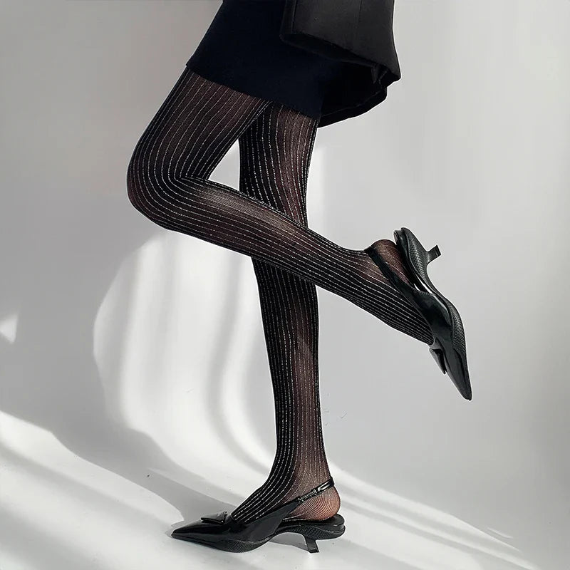 Luxury Black Thigh High Stockings for Women - Silver Silk Pantyhose, Sexy Slim Fit Lingerie Tights for Everyday Wear & Special Occasions