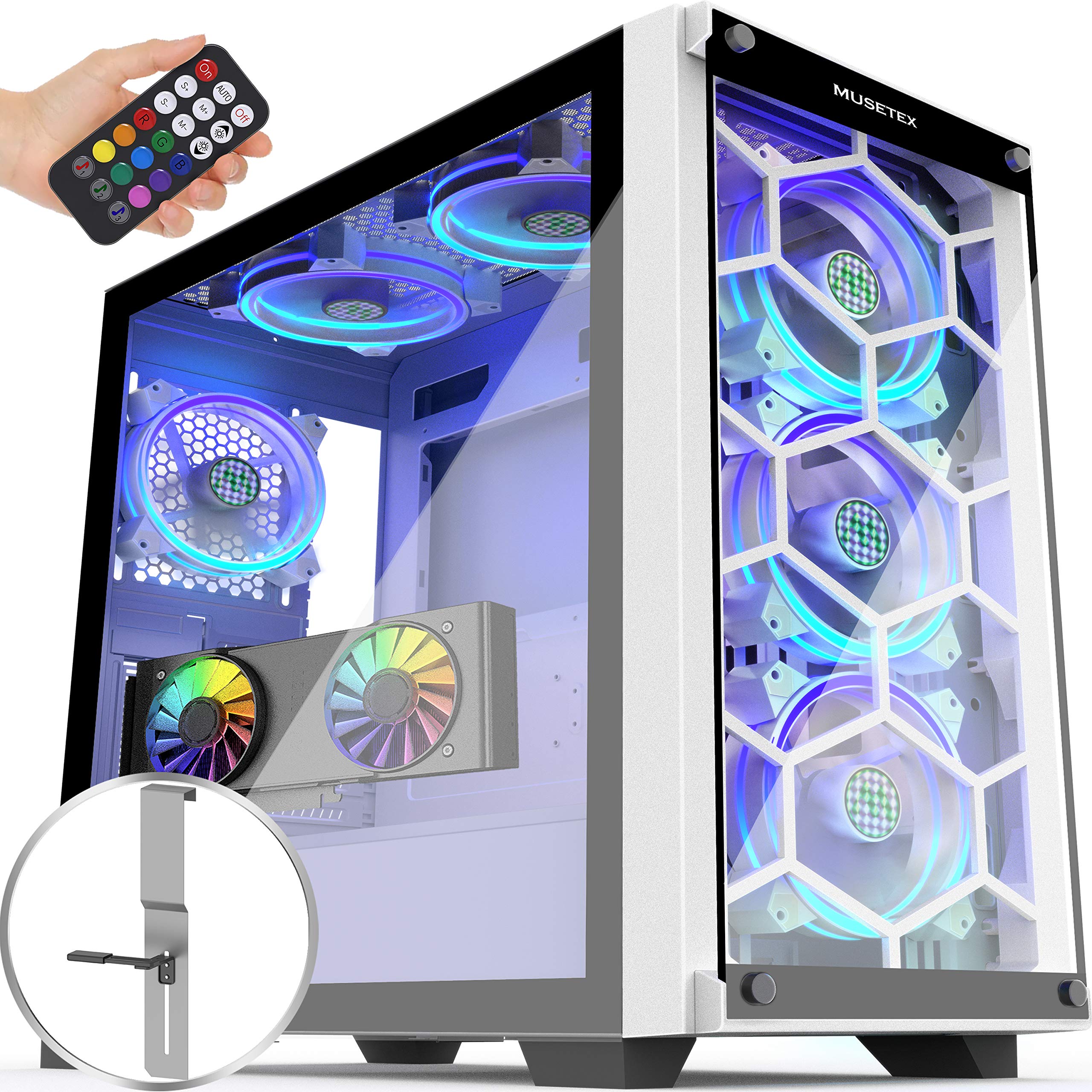 MUSETEX Mid-Tower ATX PC Gaming Case with 6 ARGB Fans, 2x USB 3.0 Ports, Tempered Glass Panels & Voice Remote Control - Supports E-ATX Motherboard for High-Performance Gaming & Streaming Setup