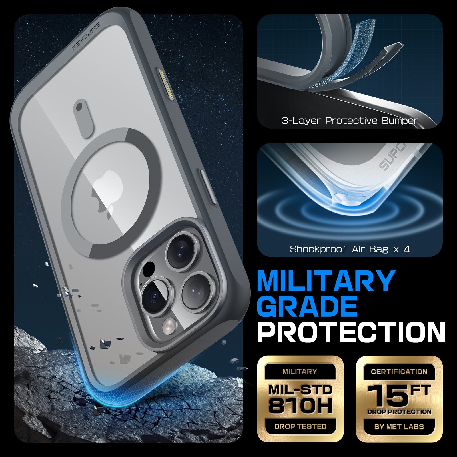iPhone 16 Pro Max Case - 6.9 Inch Unicorn Beetle MAG Slim Clear Protective Cover with MagSafe & Camera Control Button - Shockproof Gray Phone Case for Work, Travel & Outdoor Activities