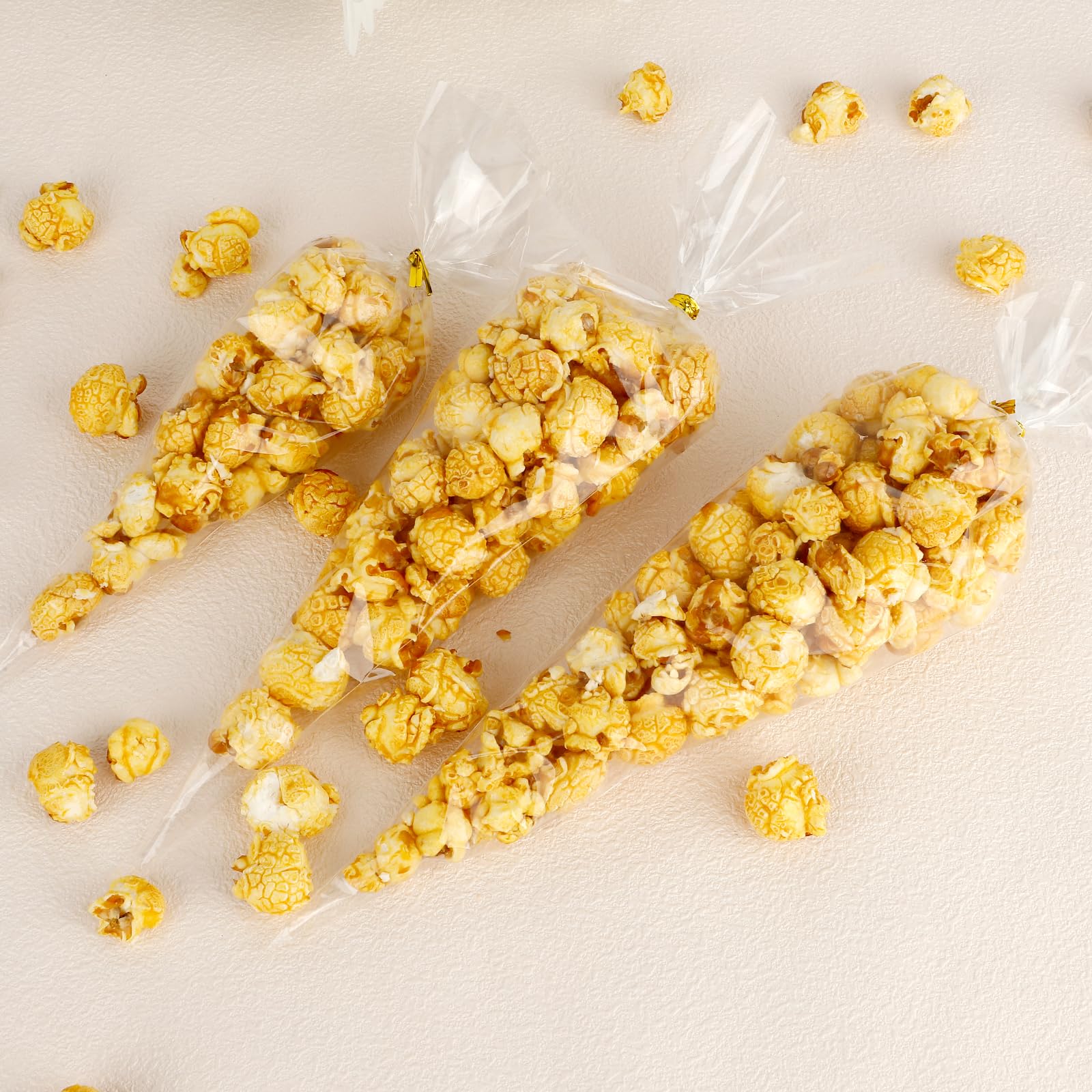 100 Pack Clear Cone Shaped Treat Bags with Twist Ties - 10x5 Inches Triangle Cellophane Bags for Popcorn, Candy, Cookies - Perfect for Birthday Parties, Baby Showers & Holiday Gift Packaging