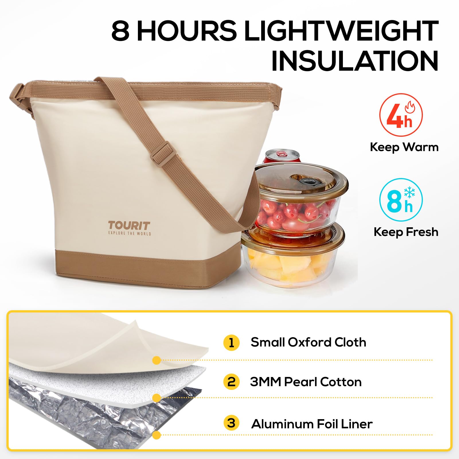 TOURIT Insulated Lunch Bag with Buckle - Durable, Foldable & Wide-Open Lunch Tote for Work, School, Picnics & Outdoor Activities - Perfect for Women & Men (Beige) | Keep Meals Fresh at Office, Hiking or Beach Trips