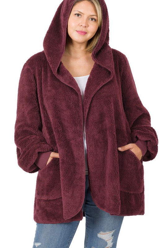 Plus Size Ultra Soft Faux Fur Hooded Sweater with Pockets - Cozy Winter Wear for Women, Warm Oversized Pullover for Cold Weather, Lounge & Outdoor Activities