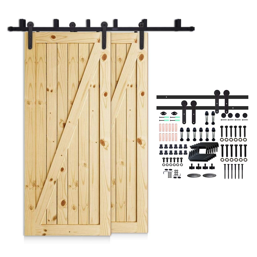 CCJH 13FT Heavy Duty Bypass Double Door Sliding Barn Door Hardware Kit - Black U-Shape Bracket System with Strong Ball Bearings - Fits 78