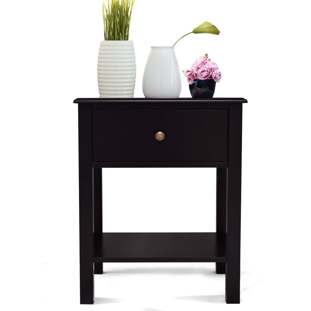 Brown Wood Nightstand with Drawer and Shelf - End Table for Bedroom, Living Room, or Office - Compact Storage & Display Furniture for Small Spaces