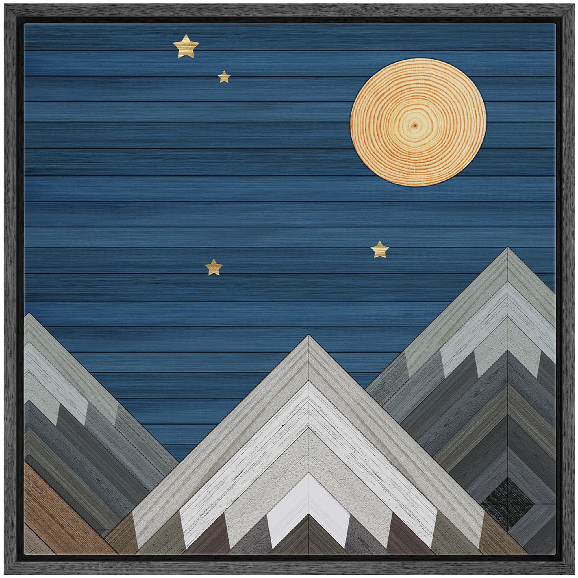 IDEA4WALL Framed Canvas Print - Western Decor Wood Block Night Moon Sky Mountain Range Nature Wilderness Art - Modern Decorative Wall Art for Living Room, Bedroom, Office - 16