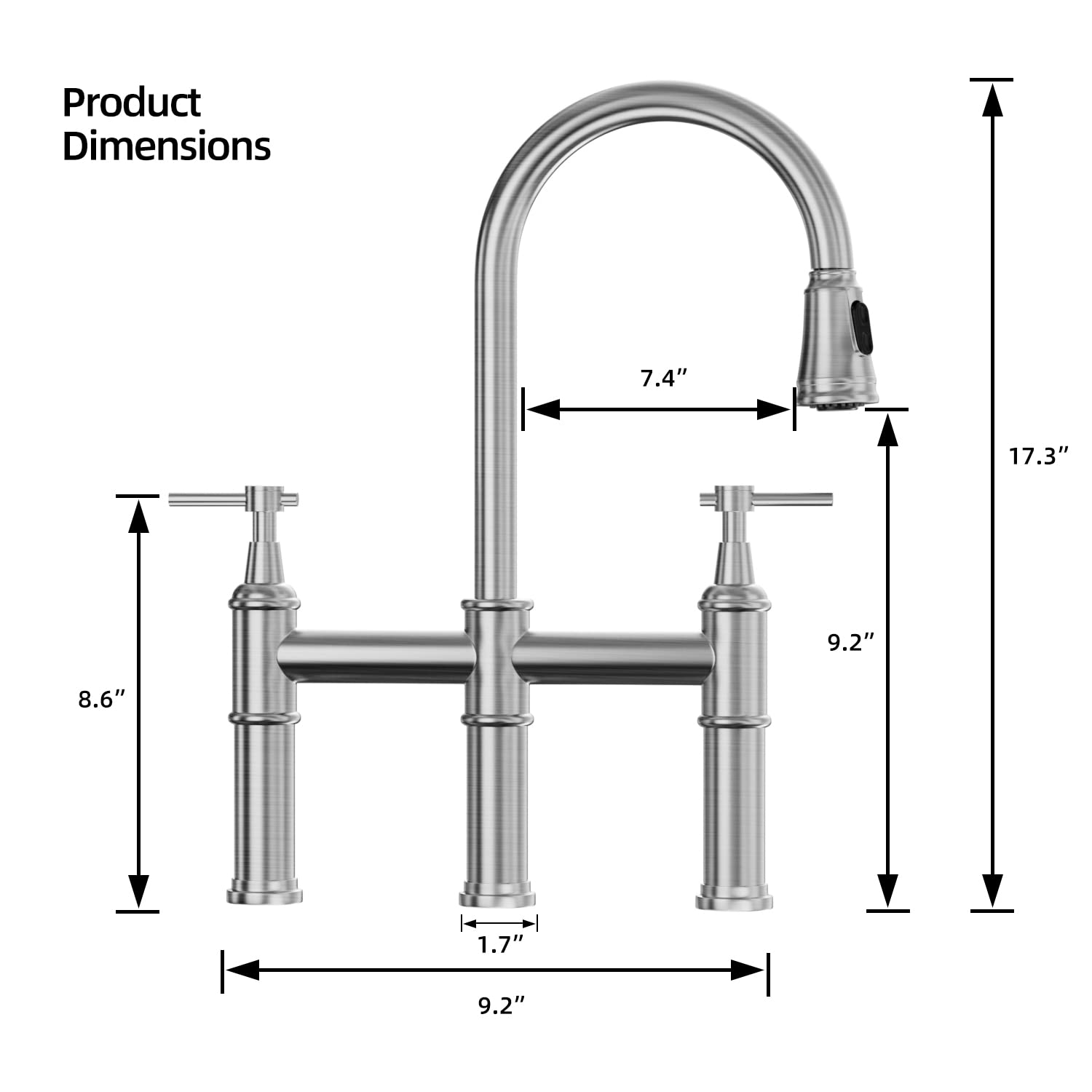 Modern 3-Hole Bridge Kitchen Faucet with Pull Down Sprayer - 2 Handle Swivel Spout Stainless Steel Sink Faucet (Brushed Nickel) - Perfect for Contemporary Kitchens, Restaurant Prep Areas & Home Renovations