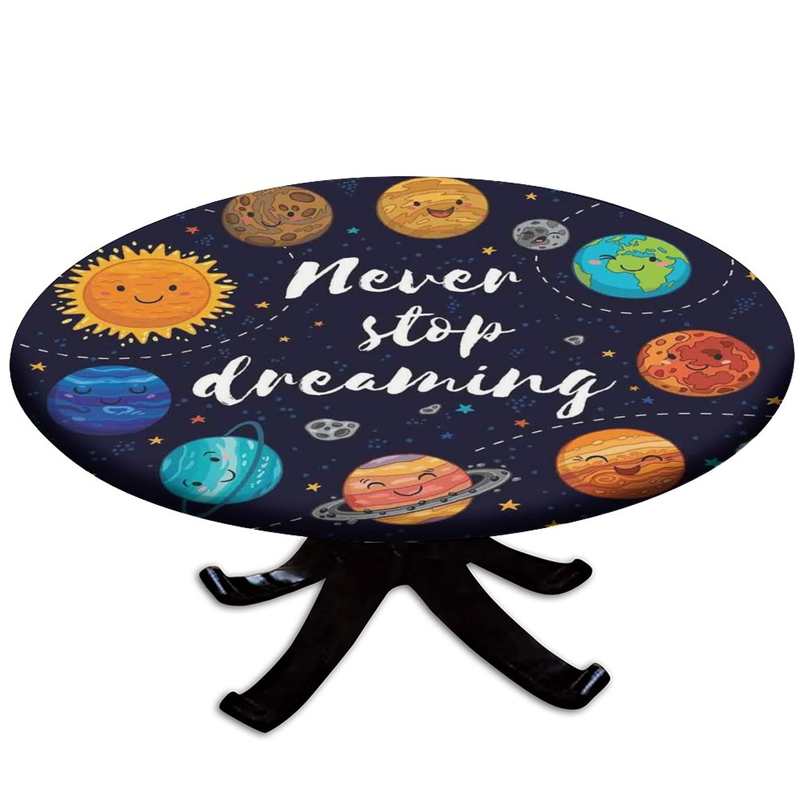 Outer Space Elastic Edged Tablecloth - 60 Inch Round Waterproof Oil-Resistant Table Cover with Planets, Stars, Solar System & Moon Design for Indoor & Outdoor Use - Perfect for Parties, Picnics & Astronomy Themed Events (Navy & Orange)