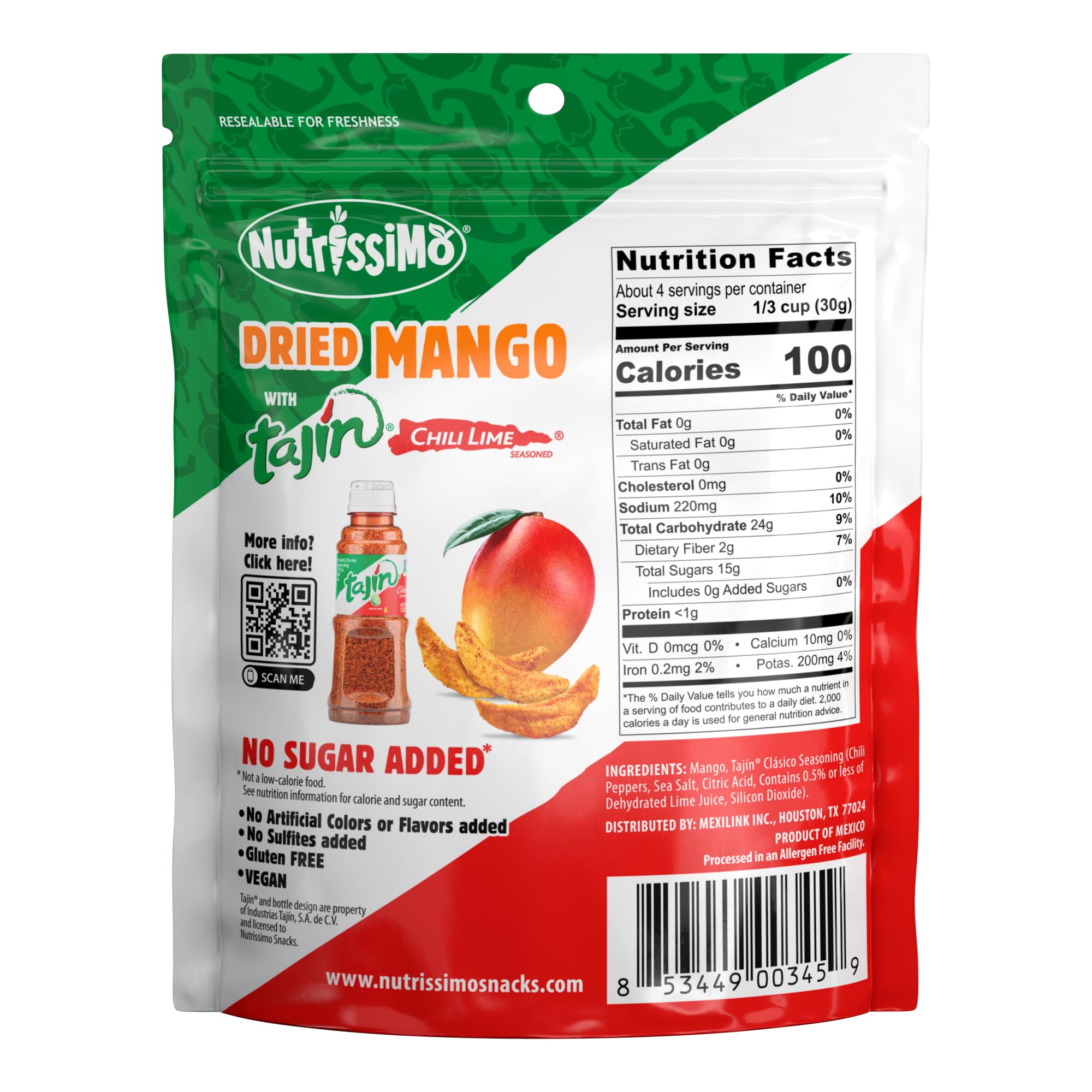 Nutrissimo Dried Mango with Tajin Seasoning - No Sugar Added, Gluten-Free, Vegan Fruit Snacks - 4oz (12 Pack) | Healthy On-the-Go Snack for Work, School & Travel