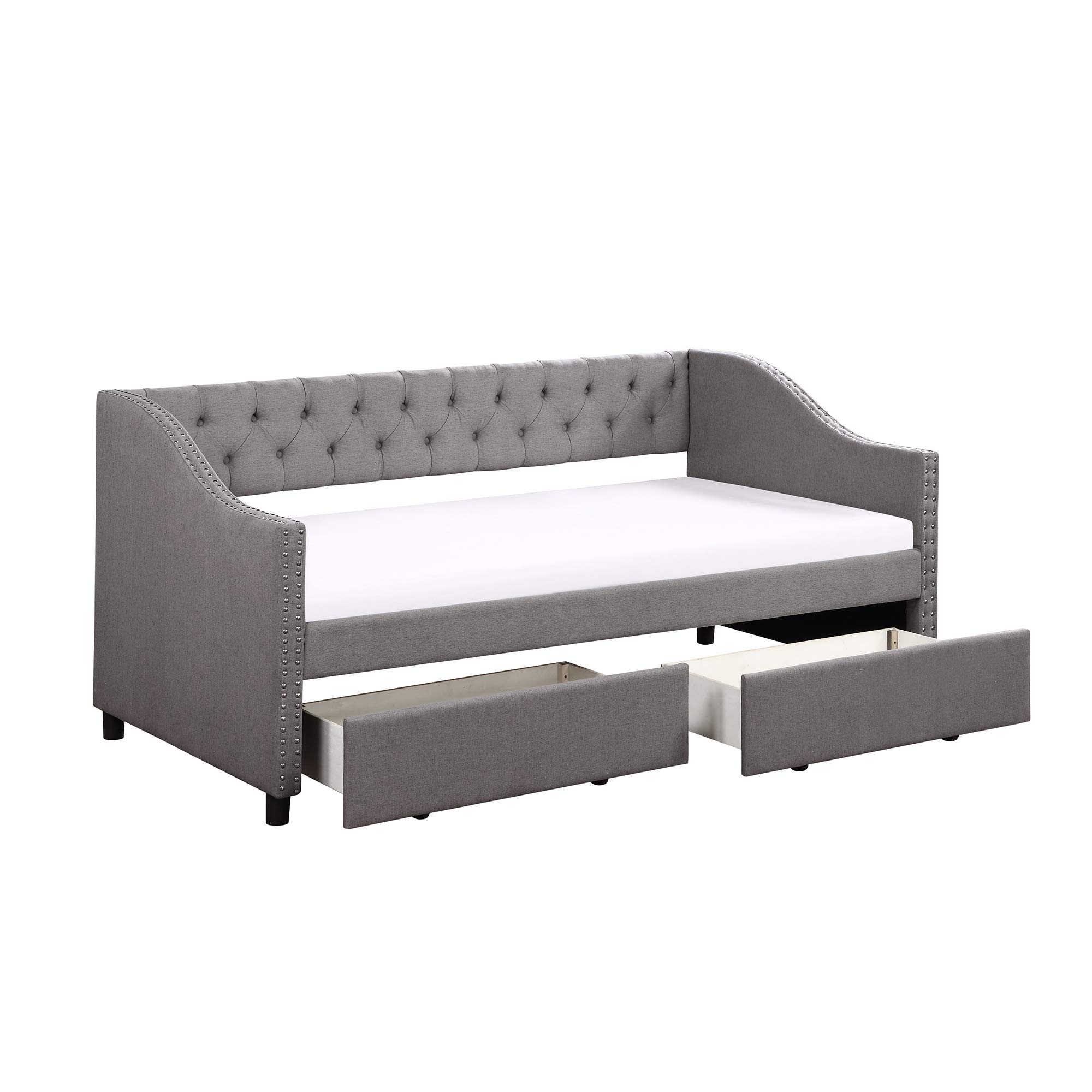 Twin Upholstered Daybed with 2 Storage Drawers, Tufted Sofa Bed with Nailhead Trim & Wood Slat Support - Perfect for Guest Rooms, Small Apartments & Multi-Functional Spaces