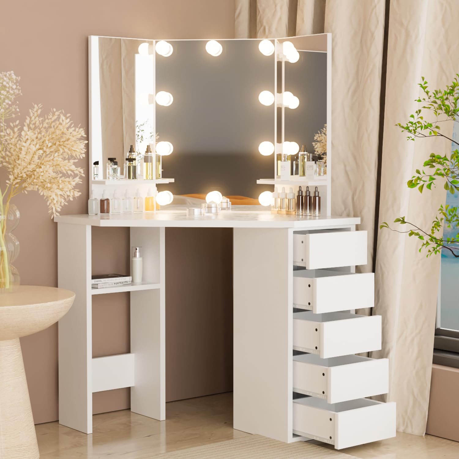 Likein White Corner Makeup Vanity Desk with LED Lights & Mirror, 5 Drawers & Storage Shelf - Elegant Dressing Table for Women & Girls | Perfect for Bedroom, Dorm Room, or Beauty Salon Setup