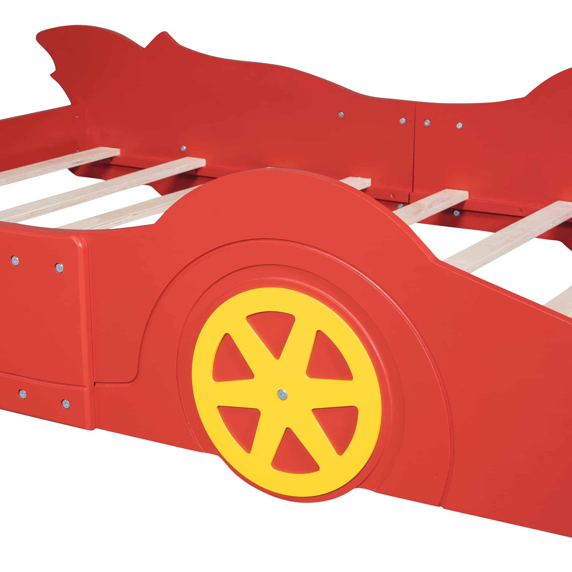 Race Car-Shaped Full Size Wooden Bed Frame for Boys - Red Full Car Bed with Wheels & Slat Support - Fun Kids Bedroom Furniture for Playful Sleep & Adventure Dreams