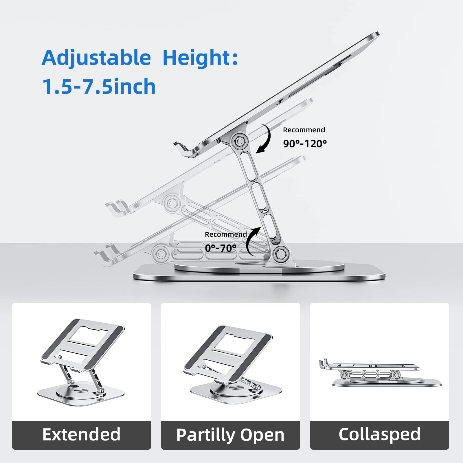 Ergonomic Adjustable Laptop Stand for Desk - 360° Rotating Base & Foldable Design, Compatible with MacBook Air/Pro, Dell XPS & 10-17 Inch Laptops (Silver) | Perfect for Home Office, Gaming & Workspace Setup