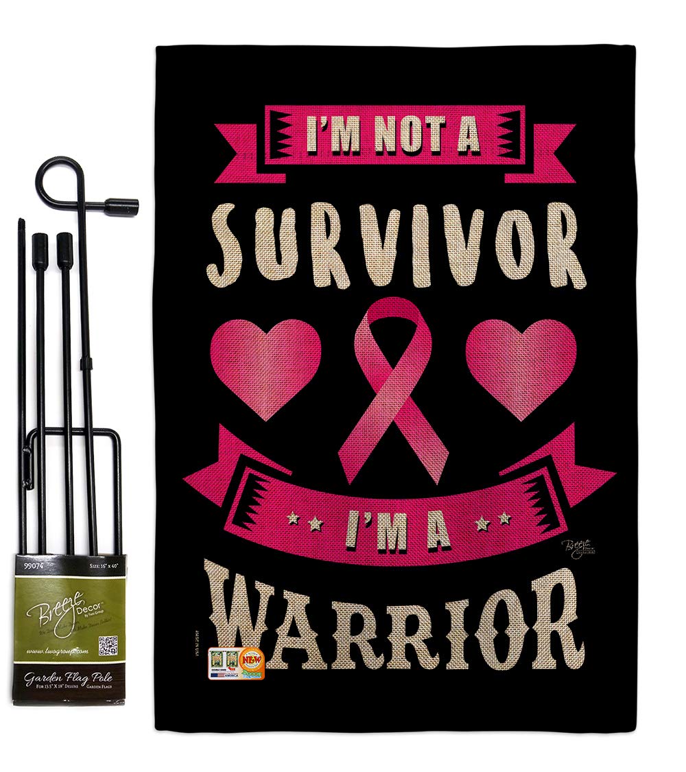 Pink Warrior Garden Flag Set with Stand - Inspirational Breast Cancer Awareness & Autism Support - Double-Sided 13x18.5 Inch Yard Banner - Made in USA - Perfect for Front Yard Decor, Survivor Gifts & Awareness Campaigns