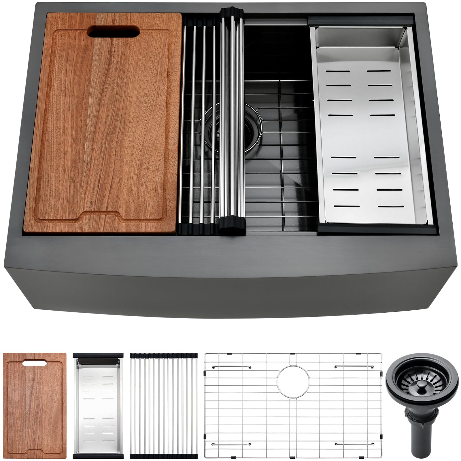 PEPO 33-Inch Gunmetal Black Farmhouse Undermount Kitchen Sink - 16 Gauge Stainless Steel Single Bowl with Accessories Kit - Perfect for Modern Farmhouse Kitchens & Restaurant Prep Stations