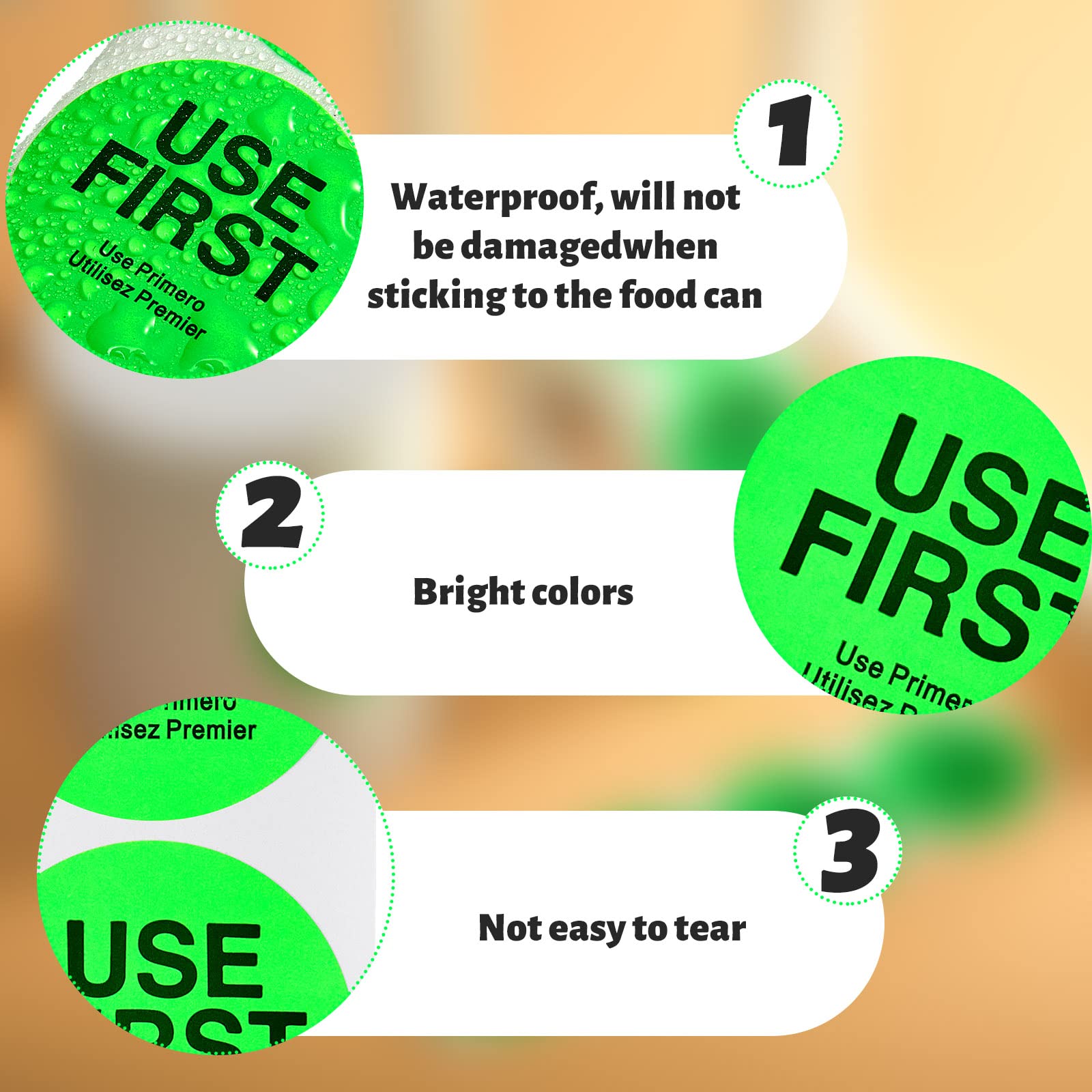 1000 Pcs Removable Fluorescent Food Labels - 1.5 Inch Circle Waterproof Adhesive Stickers for Kitchen, Restaurant & Food Containers - Day Use First Stickers (Green, Trilingual) - Perfect for Meal Prep, Leftovers & Pantry Organization