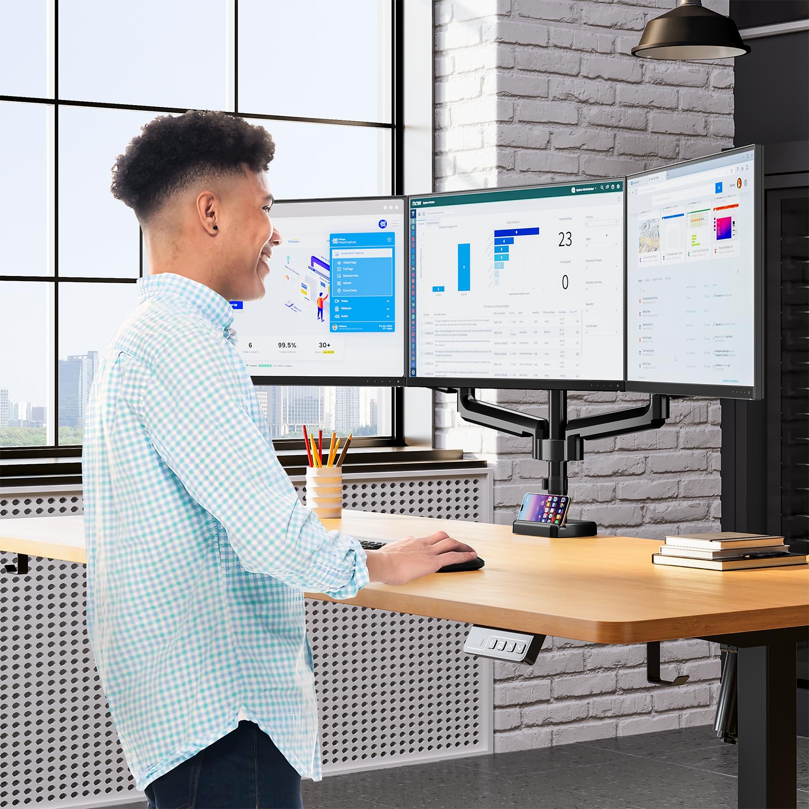 MOUNT PRO Triple Monitor Stand for 3 Screens up to 32 Inch - Heavy Duty Gas Spring Monitor Arm with Full Motion Adjustability (17.6lbs Capacity Each, VESA Compatible, Black) - Perfect for Home Office, Gaming Setup & Multi-Tasking Workspaces