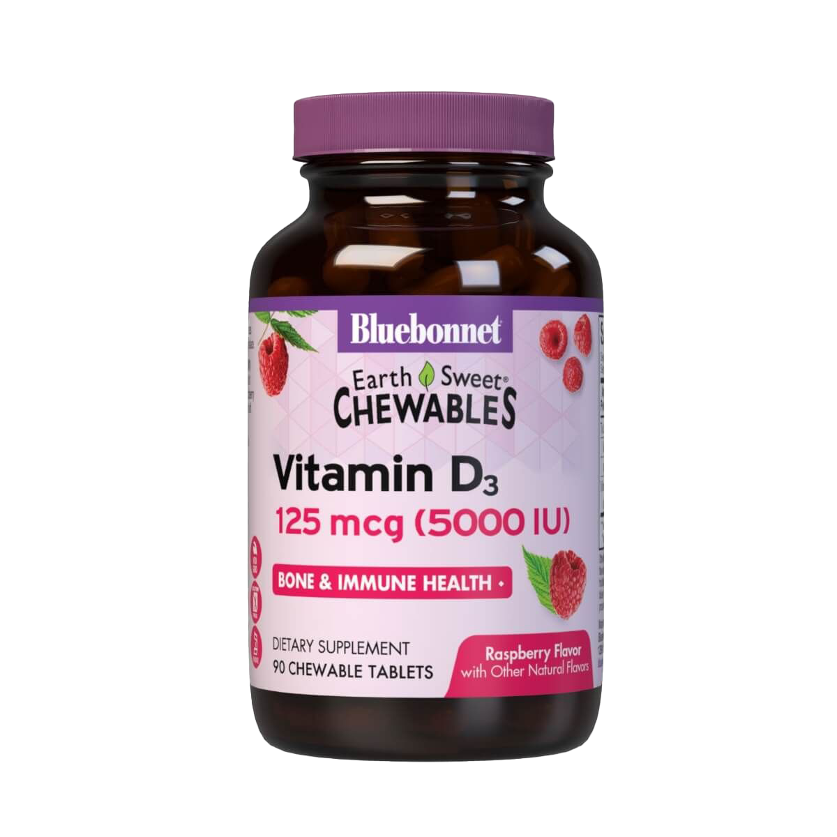 Bluebonnet Earthsweet Chewable Vitamin D3 5000 IU - 90 Raspberry Flavored Tablets for Immune Support & Bone Health | Dietary Supplement for Adults & Kids