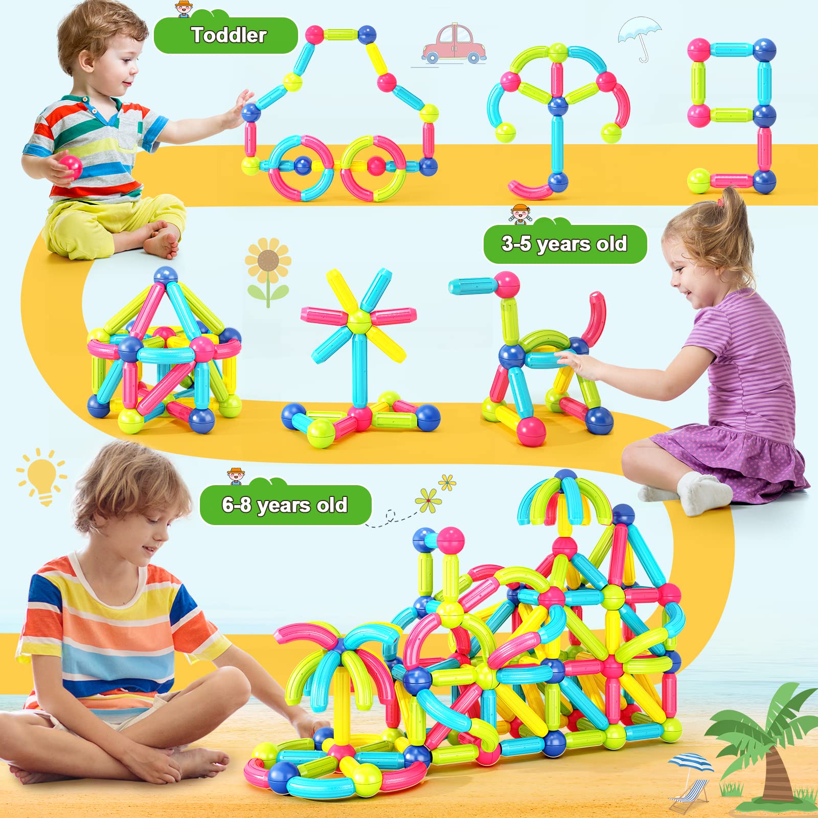 Magnetic Building Blocks for Toddlers - Montessori Educational STEM Toys for 3+ Year Old Boys & Girls, DIY Learning Construction Set (Great for Preschool Classroom, Birthday Gift & Creative Play)