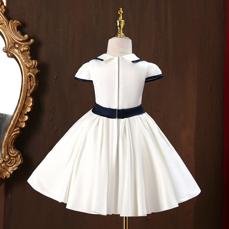 White Satin Princess Flower Girl Dress with Collared Cap Sleeves - Elegant First Communion & Wedding Party Attire for Toddlers