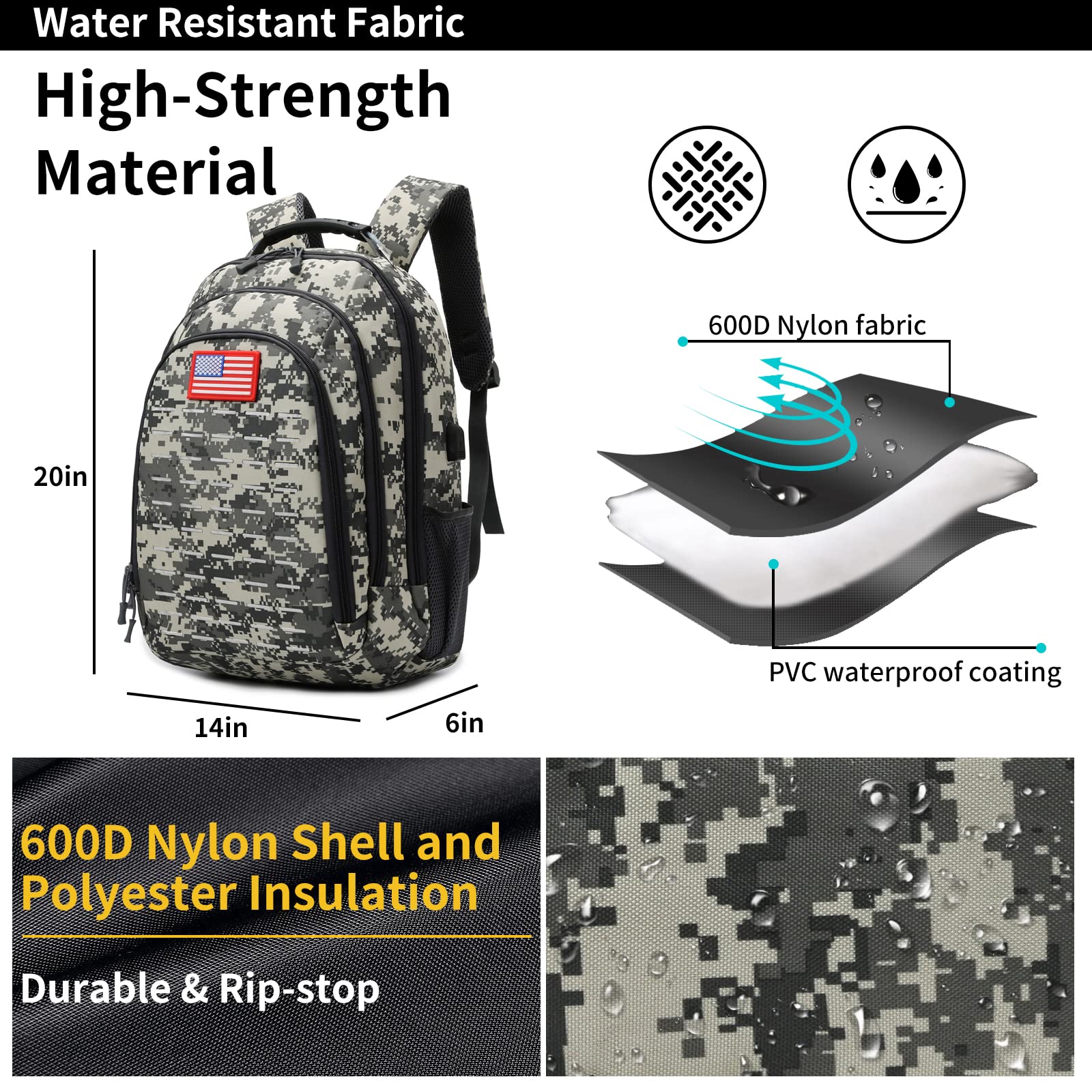 Camo Backpack for Boys & Teens - 40L Tactical School Bookbag with USB Charging Port - Durable Outdoor Hiking Backpack for School, Travel & Camping Adventures