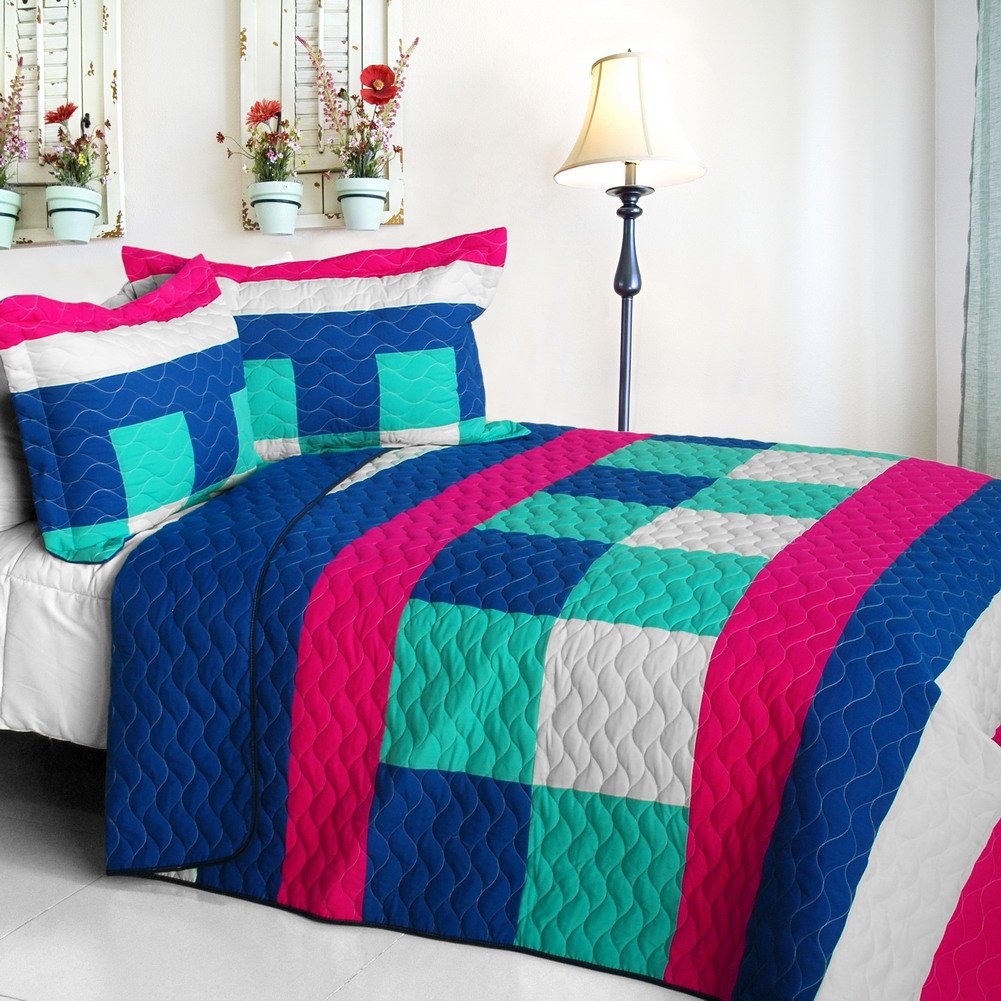 Eternity Vermicelli-Quilted Patchwork Plaid Quilt Set Full/Queen Size - Soft & Stylish Bedding for Cozy Bedroom Decor