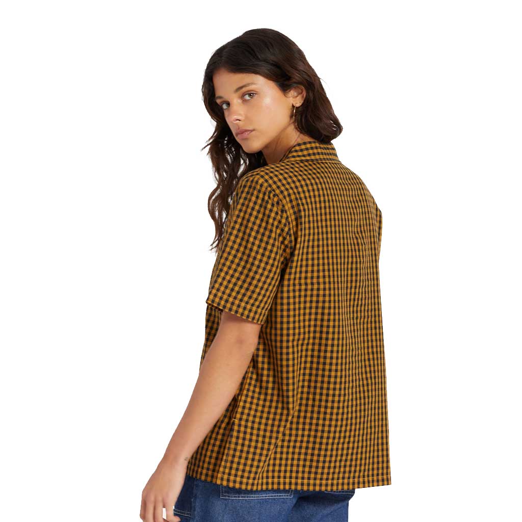 Brixton Women's Bunker Gingham Short Sleeve Woven Shirt - Medal Bronze Color - Casual Summer Outfit for Beach & Street Style